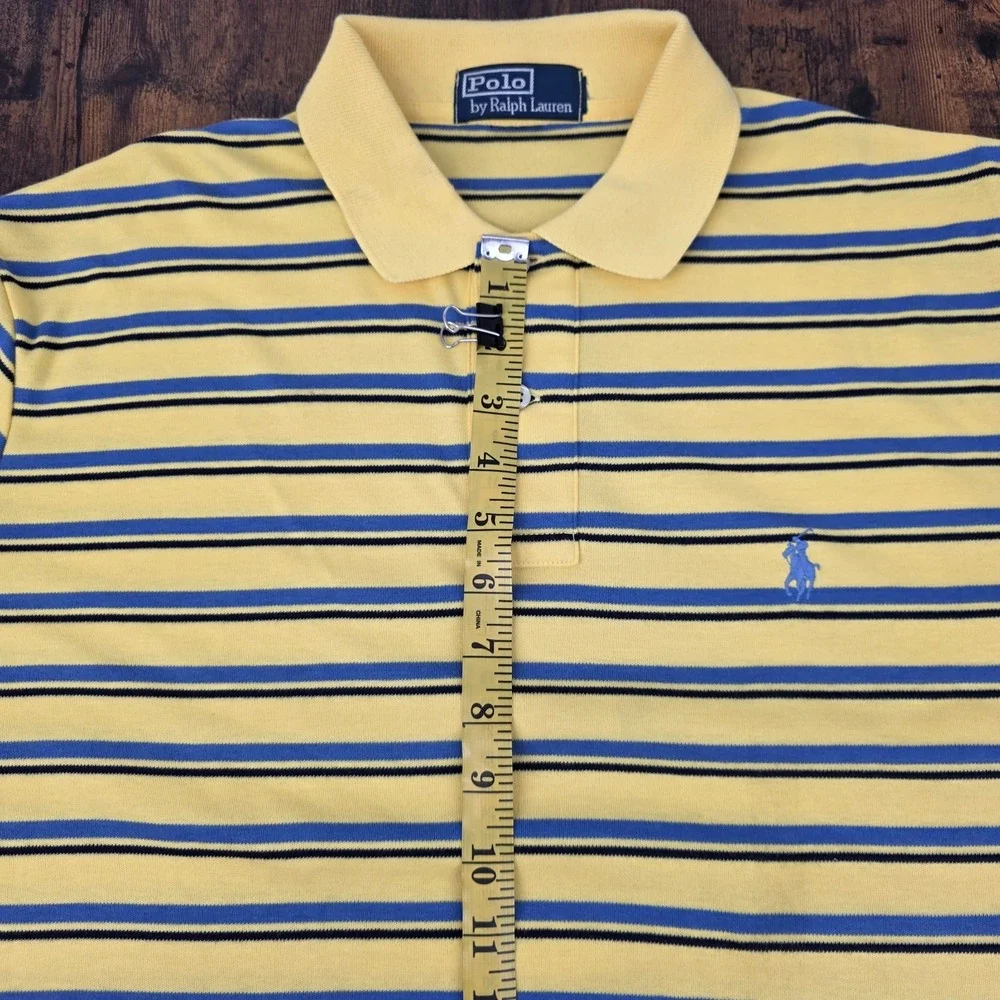 VTG Polo Ralph Lauren Polo Shirt Yellow‎ Blue Striped Soft Blue Pony Men's Large